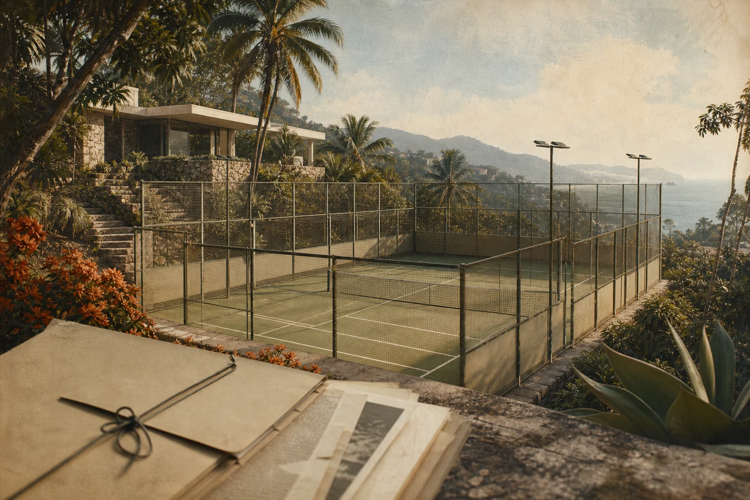 Ilustración inspirada en una villa de Las Brisas y un archivo histórico; no reproduce la primera pista